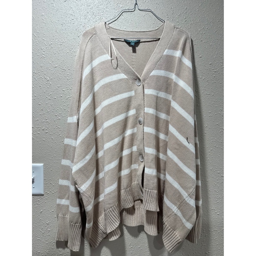 Terra & Sky Womens 4X Beige White Striped Button Front‎ Cardigan Sweater NWT